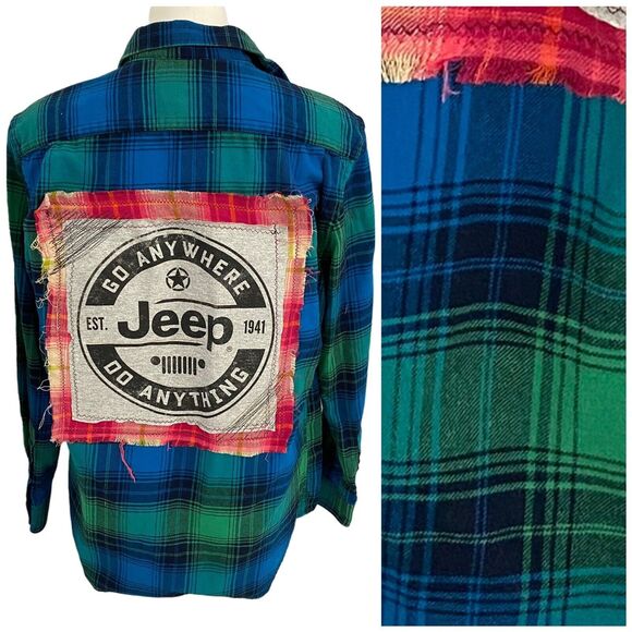 Upcycled Flannel Shirt Womens Medium Shacket Jeep Green Plaid Mechanic Off Road - Picture 12 of 16